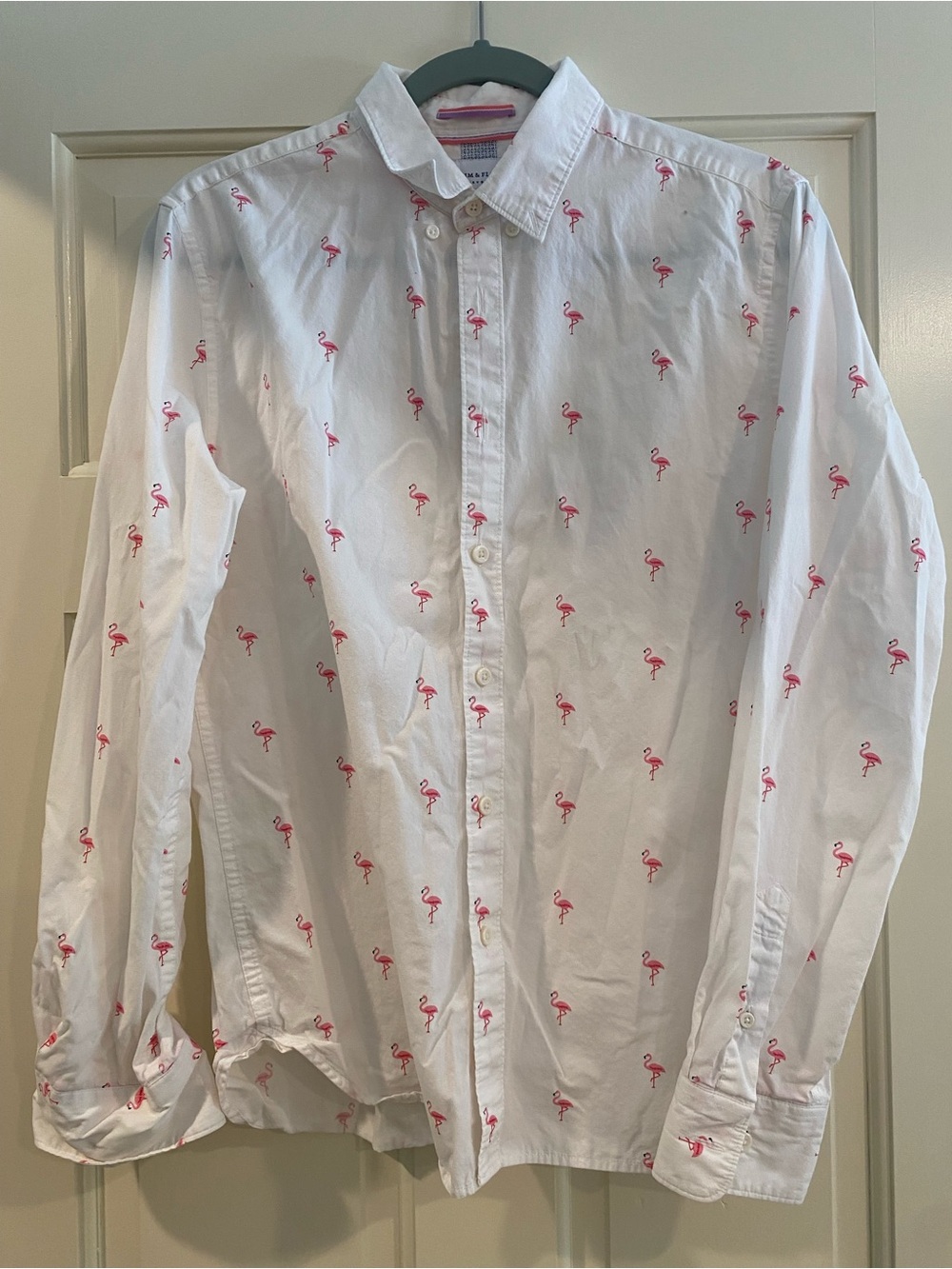 Denim & Flower White Button-Down Shirt with Pink Flamingo Motif